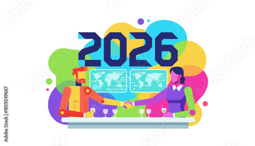 Global business partnership handshake illustration for the year 2026 featuring data screens and vibrant colors