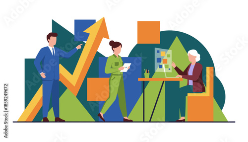 Business team collaborating on success with an upward growth arrow graphic symbolizing financial market progress and data analysis