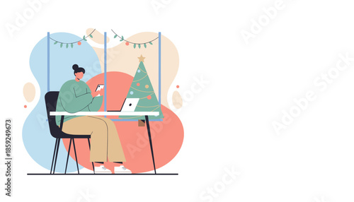 Remote work during holidays Woman uses phone and laptop near a festive Christmas tree illustration