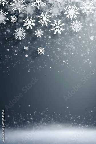 Elegant winter wonderland background with falling snowflakes and a frosty ground