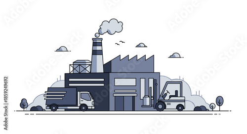 Industrial factory illustration with delivery truck and forklift symbolizing manufacturing and supply chain logistics