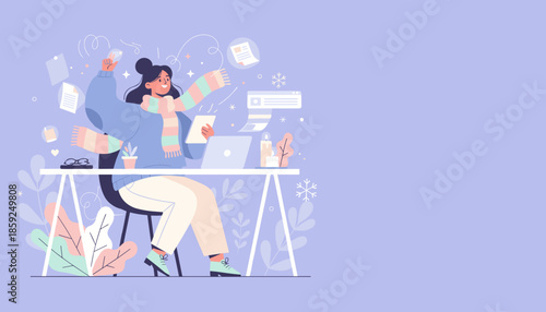 Joyful remote worker excels at multitasking generating successful ideas in a cozy winter workspace