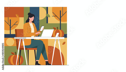 Woman working remotely on laptop and phone surrounded by abstract autumn scenery and pumpkins