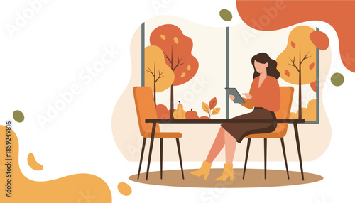 Autumn lifestyle Woman working on tablet in a cozy cafe with fall foliage view Remote work concept