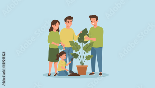 Family bonding while watering and repotting a large indoor plant Hobby home gardening and shared responsibility
