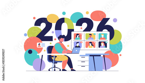 2026 remote work video conference illustration Future business concept virtual team meeting and digital connectivity