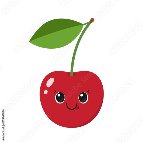 Cute cherry, juicy fruit, fun character cartoon, happy smiling face, big eyes, kawaii style, vector illustration.