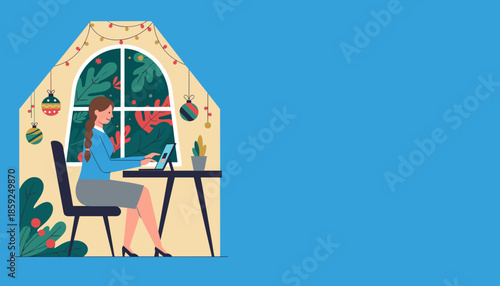 Woman working on laptop at home office during Christmas holidays illustration with ample copy space