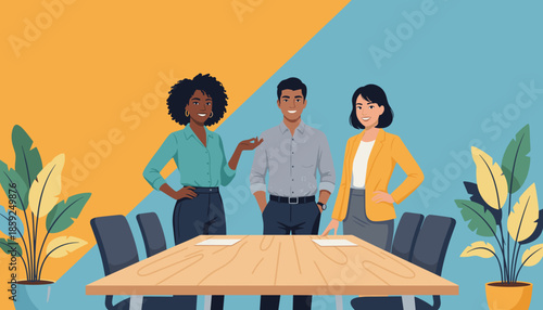 Diverse business team ready for a meeting Smiling professionals standing confidently at a conference table
