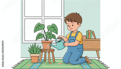 Happy young boy watering indoor plants near a bright window Home gardening hobby child responsibility concept