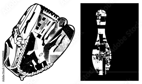 baseball glove and bowling pin vector illustration