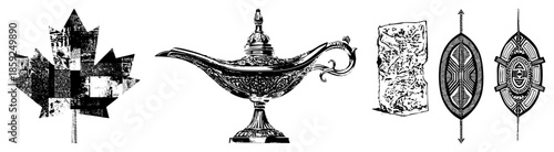 Canadian maple leaf, genie lamp, ancient scroll, tribal shields