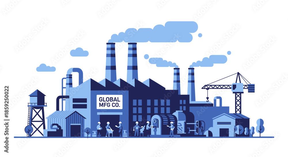 Obraz premium Blue flat vector illustration of a major manufacturing plant with workers and smokestacks symbolizing industry