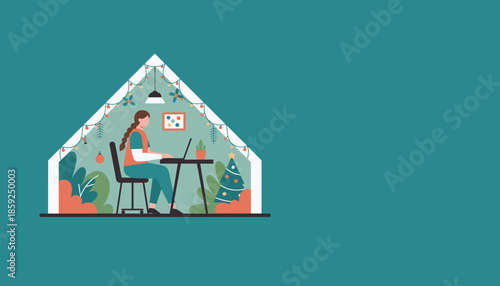 Woman works on a laptop in a festive Christmasdecorated home office Remote holiday work and cozy lifestyle illustration
