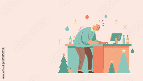 Stressed senior employee with back pain working overtime at a festive bar counter during the busy holiday season