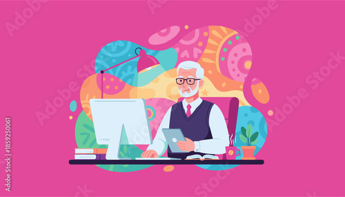 Smiling senior man working happily at his colorful home office desk using a tablet and computer Business concept