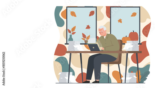 Overworked senior man uses a laptop surrounded by huge stacks of paperwork in an autumnthemed office