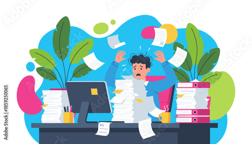 Panicked man drowning in urgent office paperwork and high workload Business stress concept illustration
