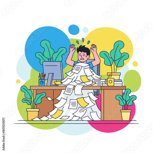 Overwhelmed office worker buried in documents stressed by excessive workload and bureaucracy