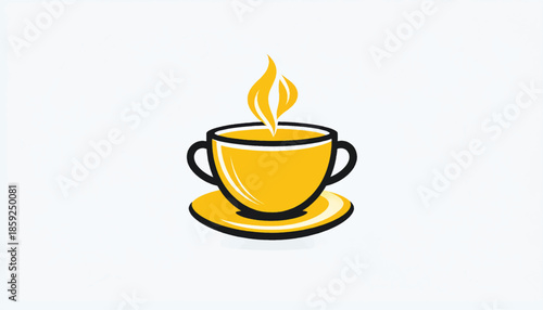 Stylized Yellow Cup of Hot Beverage with Steam on Saucer.