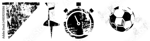 grunge style triangle, compass, stopwatch, soccer ball