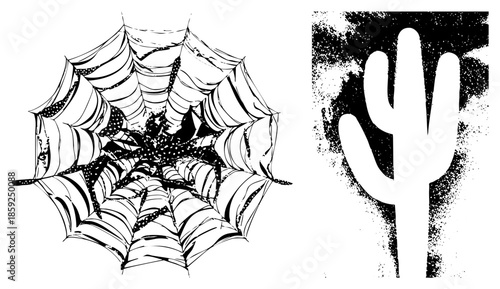 spider web and cactus silhouette vector set