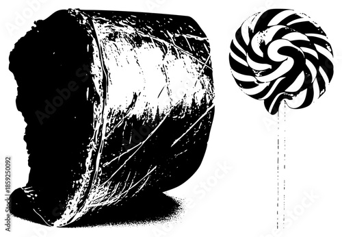 lollipop and cake slice black and white vector illustration