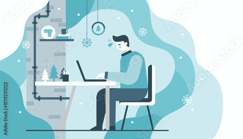 Stressed businessman sweats while working on a laptop in a cold winter office illustrating high work pressure