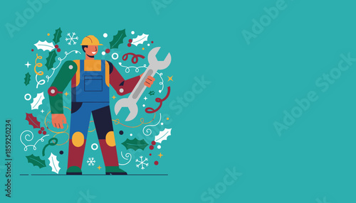 Technician in hardhat holds a wrench surrounded by festive Christmas holly and snowflakes Service holiday concept
