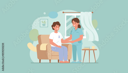 Nurse providing compassionate support to a patient wearing an awareness ribbon during recovery or home care