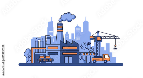 Industrial factory with crane gears and truck in a city skyline Manufacturing production and logistics concept