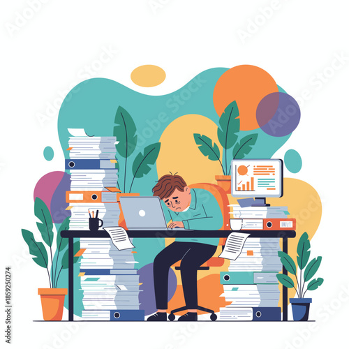 Stressed businessman drowning in paperwork suffering burnout from an overwhelming workload and office deadlines