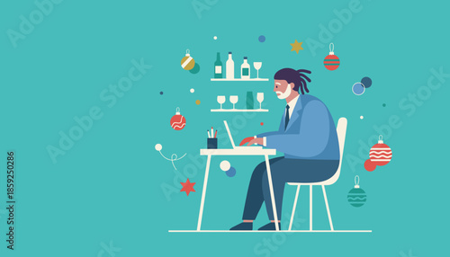 Remote holiday work Busy professional uses laptop surrounded by festive decorations and drinks shelf