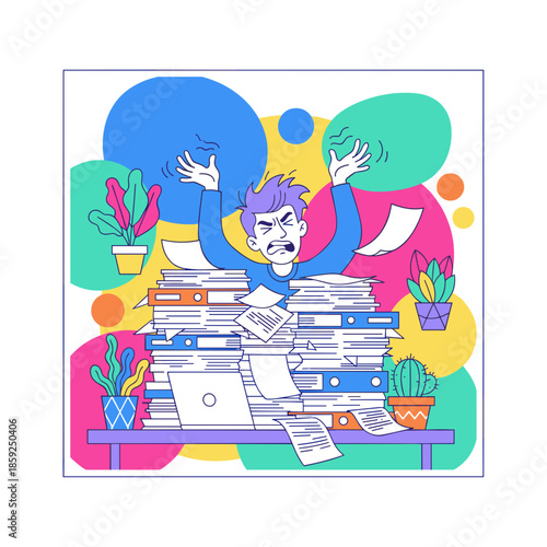 Stressed worker overwhelmed by a huge pile of paperwork and deadlines illustrating burnout and office chaos