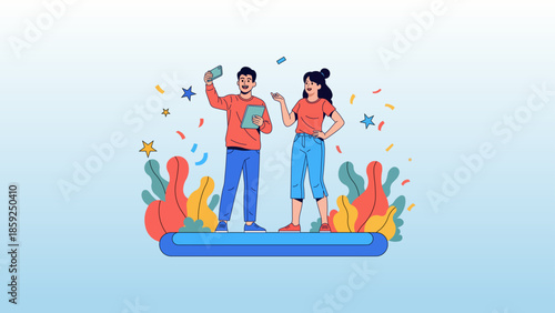 Creative Content Creators Flat Vector Illustration of a Man and Woman Influencer Couple Recording Video or Taking Selfie for Social Media