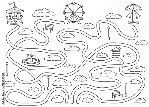 Amusement park maze graphic black white sketch illustration vector