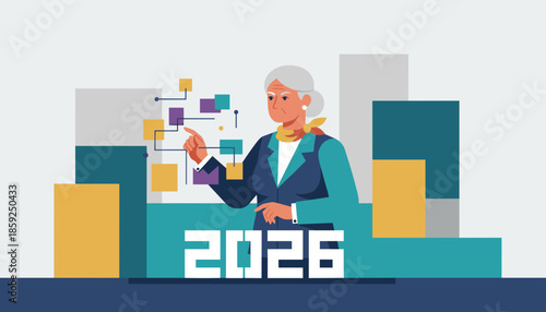 Executive plans 2026 business strategy analyzing data charts and future projections