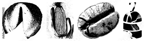 Fortune cookie, corn cob, coffee bean, question mark, vector