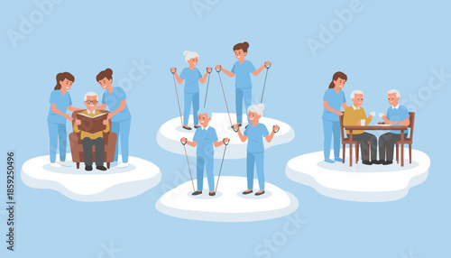 Nurses help seniors read exercise and eat illustrating excellent patient care and active aging