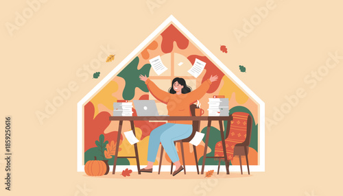 Happy woman celebrating successful work completion in a cozy autumn home office WFH Productivity concept