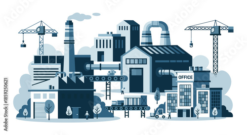 Industrial complex vector illustration featuring manufacturing buildings production lines cranes and office space
