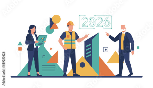 Professional team collaboration on 2026 architecture and business strategy goals Flat vector illustration