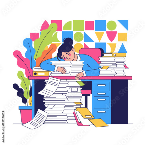 Overworked businesswoman exhausted slumped on huge stacks of paperwork Stress deadline and burnout concept