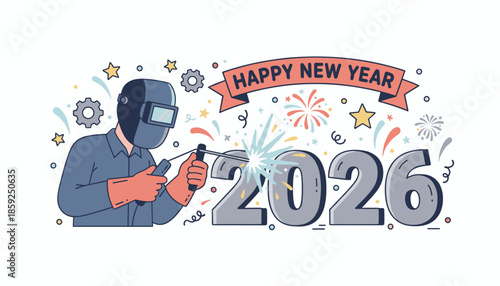 Happy New Year 2026 illustration Welder in mask sparks industry success and future goals