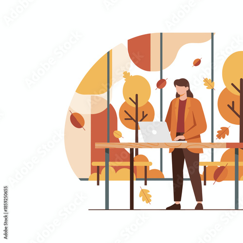 Businesswoman working remotely on a laptop indoors enjoying the view of colorful autumn trees outside the window