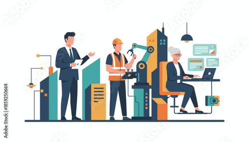 Diverse team managing smart factory operations with executive engineer and administrator