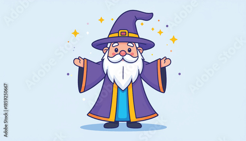 Cartoon Wizard with Pointy Hat and Long White Beard.