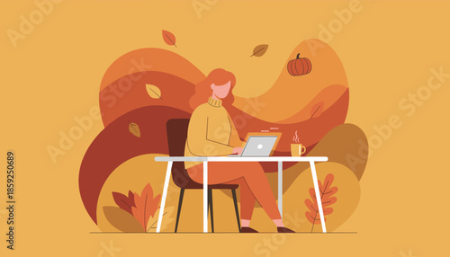 Remote work lifestyle Woman using laptop at desk in cozy autumnal setting with falling leaves and warm colors