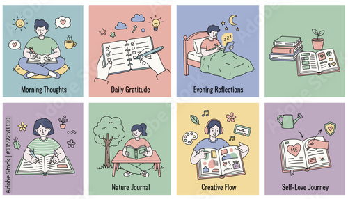 Daily journaling concepts illustration set mindfulness gratitude selflove and creative flow for mental wellness
