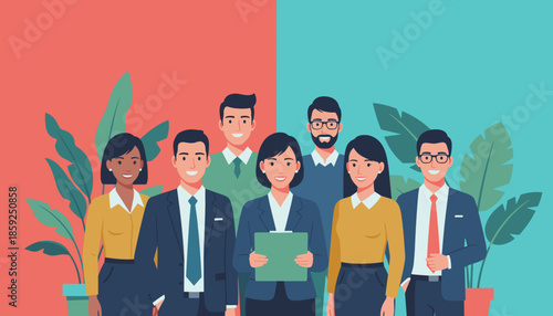 Smiling diverse team of six business professionals standing together Corporate unity and successful collaboration concept